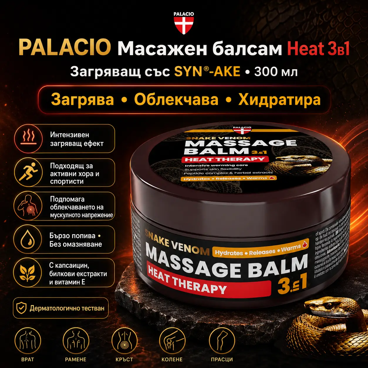 Загряващ балсам със змийска отрова PALACIO Heat 3в1