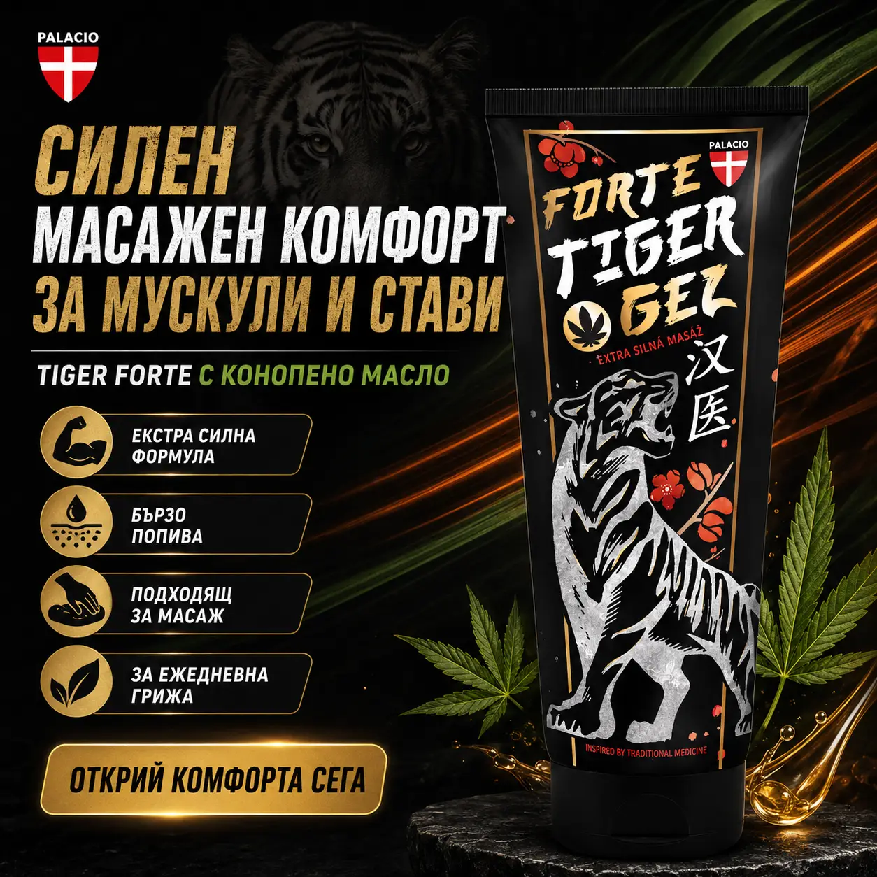 PALACIO Tiger Forte Масажен гел с коноп 175 мл